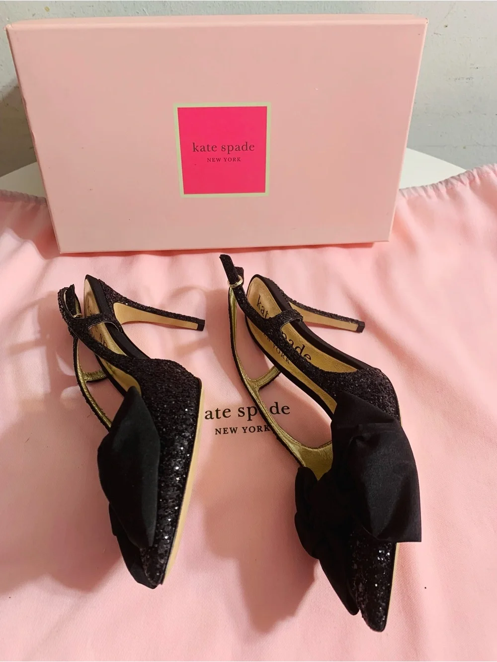 kate spade black glitter bow pointed slingback heels - Picture 2 of 4